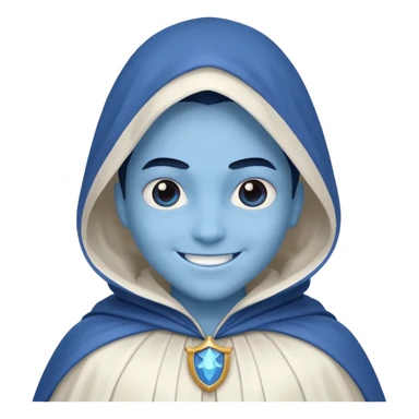 villain smiling with a white cloak, blue skin, cute sticker