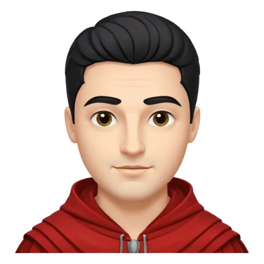 A handsome man with fair complexion. masculine, roman, slightly crooked nose. Thick triangular eyebrows. Hooded eyes and black pupils.  smily lips with a heavy top lid.  thick black hair  80/20 part with an undercut.  sticker