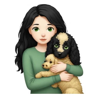 Girl with long black hair and green eyes and pale skin wearing long sleeve shirt hugging black golden doodle dog sticker