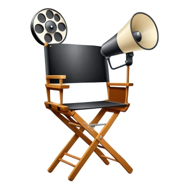 Icon for Directing: a director's chair, a film slate, a megaphone, and a stage set with lights. The icon should represent the creative and leadership aspects of directing, with focus on film and theater production. Transparent background. sticker