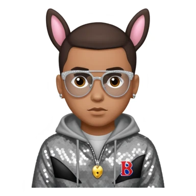 Bad Bunny, Puerto Rican Rapper with dark brown hair, gray sequin outfit sticker