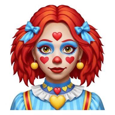 wendy thomas  the clown from gta rp nopixel she has a blue sun on covering right eye with three yellow lines below her right eye and above her left eye. she has long bright red hair and light blue eyes with a heart choker sticker