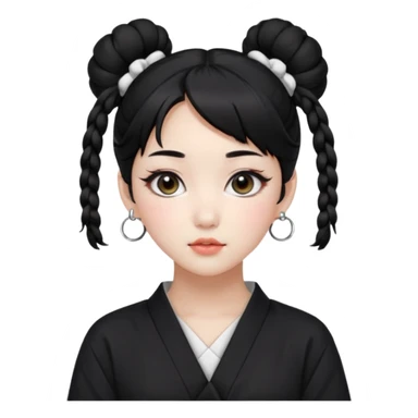 a beautiful girl face, wearing cute korean makeup, black hair, tied into two buns low near the ears with front bangs, kpop idol sticker