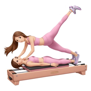 pretty white teen with hazel eyes and long brown hair and a small waist in light pink workout clothes in a plank on a pilates reformer sticker