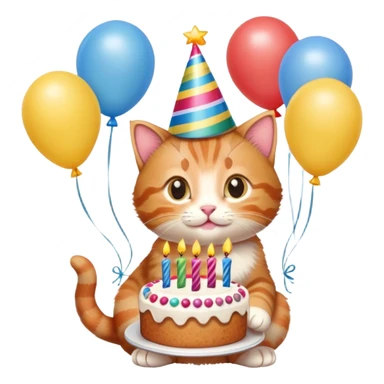 Ginger tabby kitten celebrates birthday, birthday hat, birthday cake, balloons, happy, gifts sticker