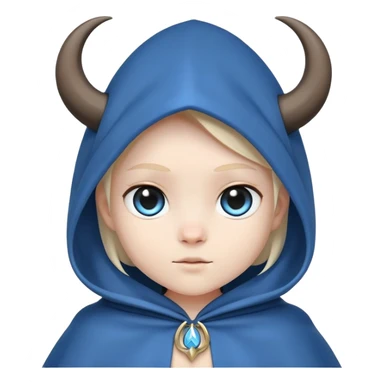 cute figure with blue cloak, black body, white eyes, little horns visible beneath the hood sticker