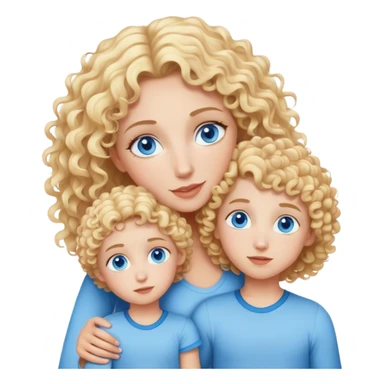 Curly haired blonde mom with blonde daughter and son twins blue eyes sticker