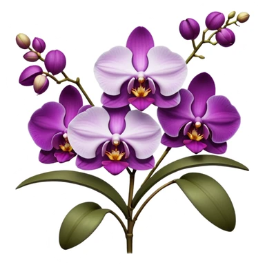 Masterpiece, still life, 4k, 8000x8000px, ultra detailed, hyperrealism, bold, vivid, incredibly beautiful, orchid flowers in a variety of purple and cream shades, vivid detailed leaves and stems, render. Must have transparent background. sticker