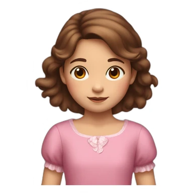 An 8-year-old girl with brown hair in a pink dress and a bear in her hands sticker