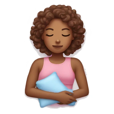 Sleepy girl on pink pillow with brown curly hair and a ice pack sticker