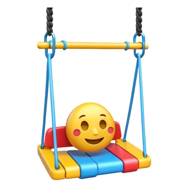 iOS-style 3D emoji: a colorful plastic swing with a safety bar in front, hanging from two ropes, glossy surface and soft shadows sticker