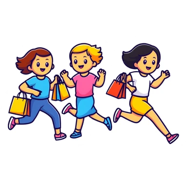 shoppers running with the salesgirl, bright colors and playful expressions sticker