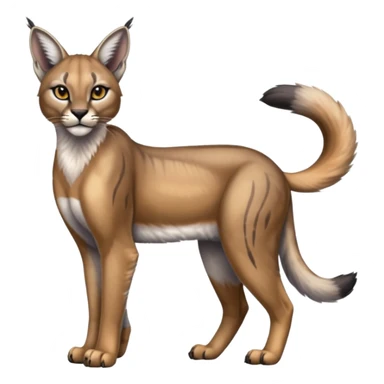 Realistic patterned marked edgy greyish blackish whitish silvery Shiny Colorful Glossy Caracal-Lioness-Bobcat-fusion-animal-hybrid-creature, full body, tufted ears, long thin tufted tail sticker