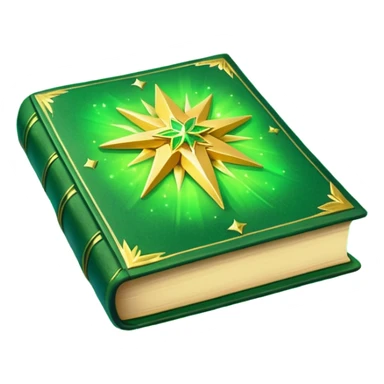 A **green, glowing book** with **golden edges**, floating with **sparkles and magical wisps** around it. The cover features a **golden starburst sigil**, symbolizing charm and radiance. ✨📖 sticker