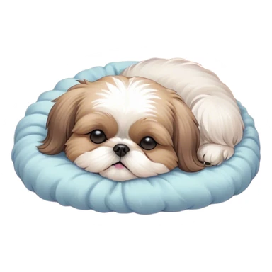 Meme-Worthy Cute Sleeping Shih Tzu Portrait Emoji, Head resting peacefully with a tender, contented smile and eyes delicately closed in serene slumber, showcasing a luxuriously fluffy fur in soft pastel tones, simplified yet irresistibly adorable, highly detailed, glowing with a warm, drowsy radiance, high shine, exuding calm, cozy charm, styled with a gentle, soft glowing outline, capturing the essence of a sleeping Shih Tzu that radiates utterly adorable, sleepy bliss! sticker