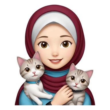 Asian White girl wearing cute maroon hijab and white dress holding a black grey tabby cat while smiling. The cat is wearing a blue collar sticker