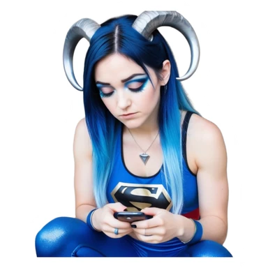 Disapponted-big tears-head back texting on phone-very very large upper body-sexy face-bending forward at waist-very long very straight dark blue to light blue ombre hair-and-blue eyes-thick black eyeliner-cute goat horns-iridescent blue lowcut tanktop with black leggings with glitter superman logo sticker