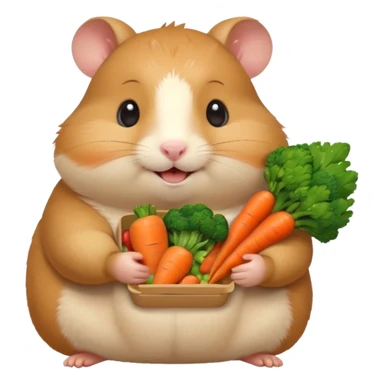 Cute chubby cartoon-style hamster holding a small bento box filled with vegetables, smiling proudly. Soft painterly shading, white background, sticker-style illustration sticker