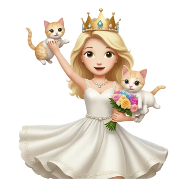White woman - long hair - white wedding dress - holding a kitten - happy - jumping - stylish - elegant - bouquet - dreamy - colorful - wearing a crown - pearl accessories sticker