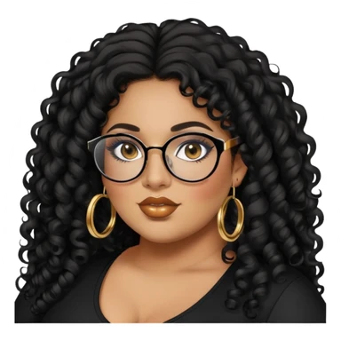 big plus size, latina, darker tan skin, gold hoops, long black curly hair, baddie,pretty, makeup, lipgloss, black eyeliner, long hair, black top, black glasses sticker