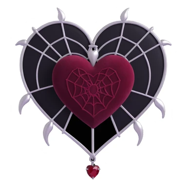gothic heart, dark crimson velvet texture, silver spiderweb brooch, black feather accents, moody and rich sticker