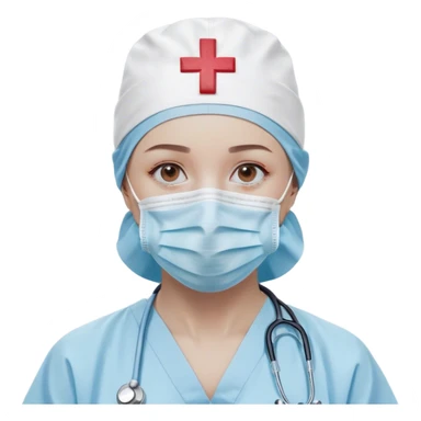 "A minimalistic bust of a surgeon wearing a light blue surgical cap and mask, covering the lower half of the face. The eyes are simple yet expressive, conveying focus and professionalism. The figure is dressed in a smooth, clean surgical gown with a small red cross emblem on the chest. A thin, simplified stethoscope drapes around the neck. The background features a subtle, abstract medical symbol like a heartbeat line or a small scalpel icon. The design is sleek and modern, with smooth lines and soft shading, following a minimalist emoji style sticker