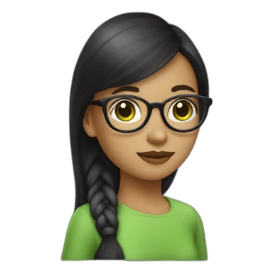 une fille avec de long cheveux noir lisse , des yeux vert , et avec des lunette (en forme de carrer un peu déformé) assez grosse comparer a ça tête sticker