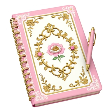 Notebook rococo style, gold and pink and white. angled view. with pen sticker