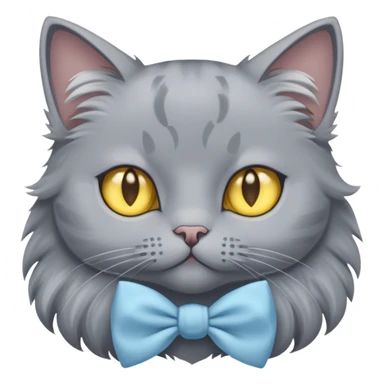 a grey cat with yellow eyes and a light blue full-length bow sticker