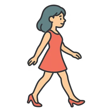 A girl walking from left to right, side view, wearing a short red dress and high heels, eastern style, thin clean outlines, soft rounded shapes, detailed drawing with shadows and highlights, pastel palette #98B5BC, #B5B3C1, #C9A3C9, #E4C0CA, #F7DCD1, #F7C0AA, modern Japanese pop art, soft lighting, transparent background, no extra decoration, focus on movement and elegance sticker