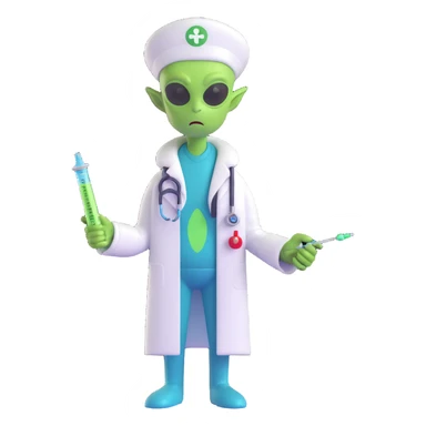 cartoon green alien as a doctor, holding a syringe, medical attire sticker