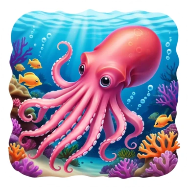 A pink squid gracefully glides through the coral reefs, leaving a trail of vibrant color sticker