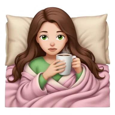 woman with very long brown hair and green eyes in a light pink blanket sleepy with coffee sticker