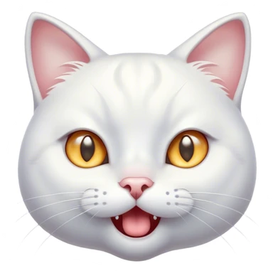 Cinematic Comical White Cat Portrait Emoji, Head tilted in an exaggerated, surprised manner with wide, sparkling eyes, showcasing a pristine white fur with subtle hints of silver and an animated, goofy expression, simplified yet whimsically detailed, glowing with a playful, bright radiance, high shine, exuding a lighthearted and comical charm, styled with a soft glowing outline, capturing the essence of a white cat that looks ready to prance comically off the screen! sticker