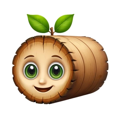 caricature of a smiling wooden log with big eyes, green leaves on the head, apple emoji style, white background, cute and colorful sticker