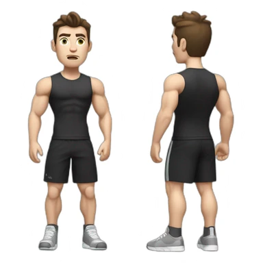 Confused Pale skinned Fit Man With the biceps and dark brown hair in black shirt, gray sports shorts and white Sneakers sticker