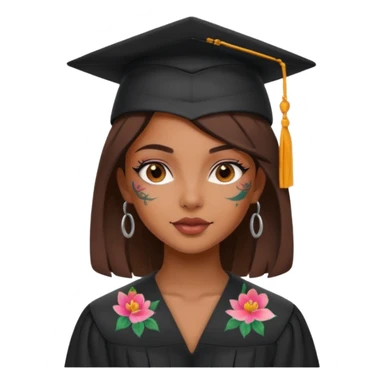 nude and sexy brown skin girl, floral colorful tattoes, in student cap, graduating sticker