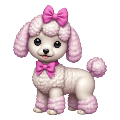 Two white toy poodle–style dogs, fluffy curly fur, round faces, black button eyes. Hot-pink paws, purple-dyed ear tips. One taller dog standing upright wearing a large pastel pink bow, one smaller round dog sitting. Cute plush emoji style. sticker