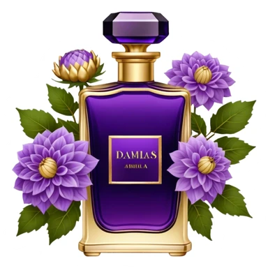 A dark amethyst vintage French-style perfume bottle with intricate golden detailing rests elegantly on an antique vanity. Surrounding it, delicate periwinkle dahlias and soft lavender sprigs add a touch of romantic charm. The glass reflects a warm glow from a nearby candle, enhancing its deep violet hues. The scent of aged vanilla and floral notes lingers in the air, evoking an aura of timeless elegance. sticker
