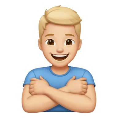 Person with arms crossed, holding neck, laughing sticker