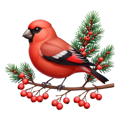 3D emoji of a bright red bullfinch bird (Snegir) sitting on a pine branch covered in fluffy white snow and red frozen rowan berries. Vibrant colors, soft feathers texture, glossy 3D icon style, Apple aesthetic, isolated on a solid white background, studio lighting. sticker
