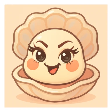 Enhance the oyster's eyes to be even more expressive and luminous with long, elegant eyelashes. Accentuate the pastel, pearly, cream, peach, and greige nuances more strongly. Keep the shell large and the oyster small. Maintain the pastel toon style, the background, and the mischievous expression as is. sticker
