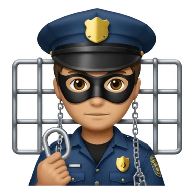 emoji of a thief in prison holding bars with a lock, police hat, chains, and a black mask, compact emoji format sticker