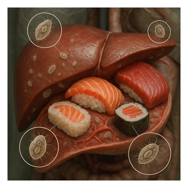 Hyperrealistic 4K anatomical view of a human liver in section, with sushi and raw fish full of clearly visible protozoa, realistic anatomical details, medical atmosphere, protozoa highlighted and enlarged. sticker