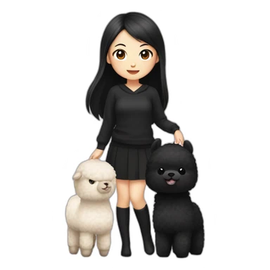 cute asian girl with black hair with black clothes holding an alpaca sticker