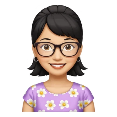 filipino woman black hair in one pony tail with straight bangs and big glasses, 60 yr old, nice dress

 sticker
