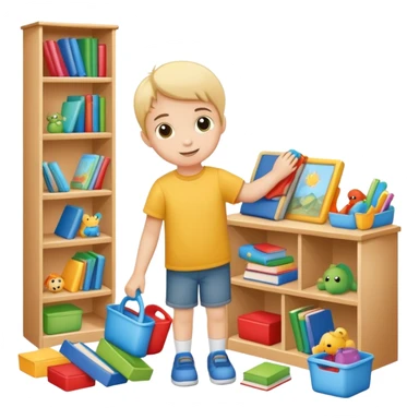 child tidying up their room, putting toys and books away, cheerful and organized sticker