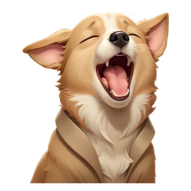 Cinematic Cute Yawning Domestic Dog Portrait Emoji, Head tilted slightly with a dramatic, wide-open yawn, showcasing a plush, inviting coat with gently drooping ears and half-closed, drowsy eyes, Simplified yet irresistibly adorable features, highly detailed, glowing with a soft, cozy glow, high shine, relaxed yet expressive, stylized with a dash of playful whimsy, soft glowing outline, capturing the essence of a sleepy yet affectionate dog that seems ready to stretch out for a nap! sticker