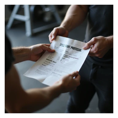 Bodybuilding coach handing an athlete a sheet with the cycle start protocol, text in close-up: 'Ciclo base: testosterone enantato 250 mg/settimana, 8 settimane, protezione: tamoxifene 10 mg/die.' Hyperrealistic 4K details, gym environment. sticker
