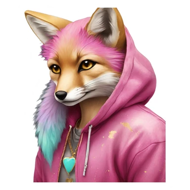 Pink magenta burgundy maroon cyan beige gray fox wearing a pink hoodie with gold jewellery gold piercings gold ear piercing gold nose piercing vintage watercolour tie dye black raven wings sticker